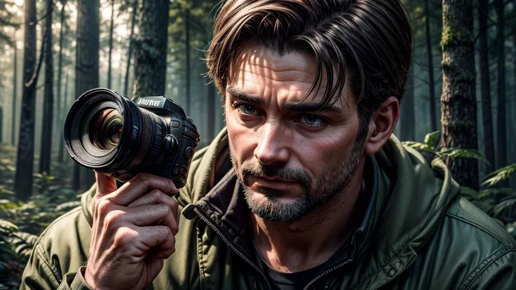 a 40 year old man photographer, sitting in the forest holding a camera, 3d comic style, detailed face, detailed eyes and face, detailed hands, detailed clothing, high quality, 8k, photorealistic, beautiful lighting, warm colors, dynamic composition, cinema...