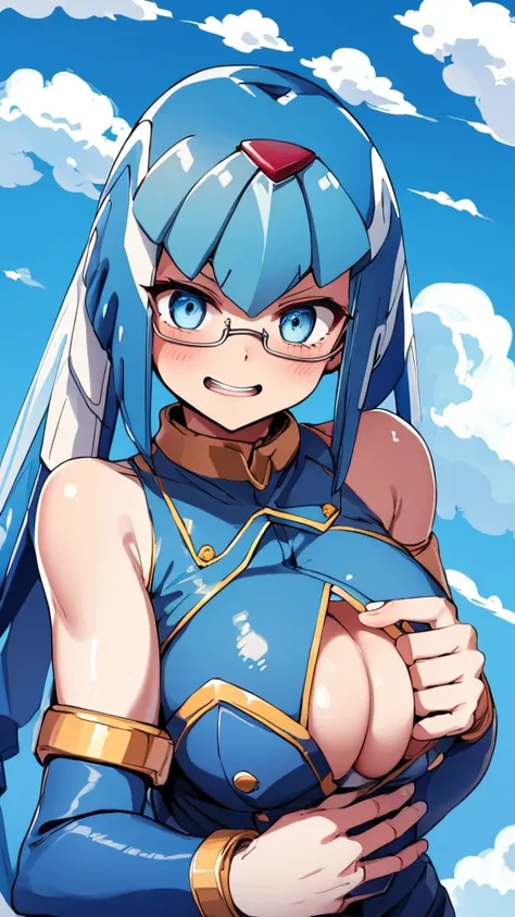 Leviathan_Megamanz, 1 Girl ,Looking at the viewer , blue hair, Blue eyes,Clouds background , Blushed, Wedding ring, Glasses ,Shark teeth , mouth open , Face Only 