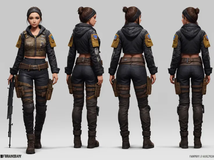 Full body turnaround of young female raider sniper game character with face cover kaffiyah and post apocalyptical worn clothing made of scraps and old fabric with beautiful face and big featuring detailed front and back views, Highly detailed, , and smooth...