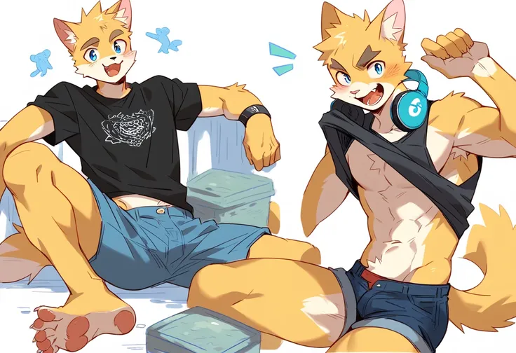 score_9, score_8_up, score_7_up, male, furry, high quality, hires, anthro, teenager, 16 years old, domestic cat, bright yellow fur, blue eyes, wide brown eyebrows, an excited expression, humanoid feet, slim body, prominent v-line, prominent abs, prominent ...