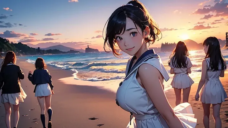 Highest quality、High resolution、Detailed Background、(Beautiful face in every detail:1.5)、Teenage Girl、(Huge breasts:1.2)、Light-colored hair、cute髪型、Bobcut、ponytail、well-groomed eyebrows、Perfect body line、cute仕草、Navy blue sailor suit、White sailor collar、Plea...