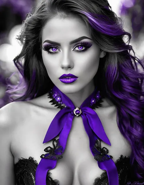 Sublime very sexy woman, Detailed lips, detailed eyes, detailed eyelash, detailed face, sublime and detailed body, long cheveux violet, visage de séduction, ((violet make-up)), photo du milieu du corps, ((porter un costume)),(( Une cravate violette, photo ...