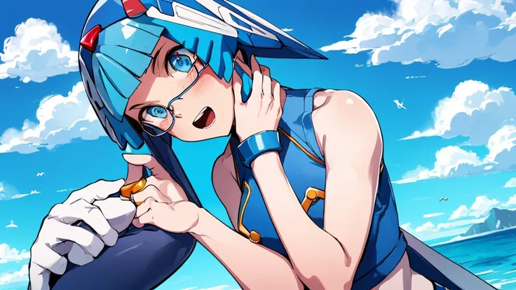 Leviathan_Megamanz, 1 Girl ,Looking at the viewer , blue hair, Blue eyes,Clouds background , Blushed, Wedding ring, Glasses ,Shark teeth , mouth open 