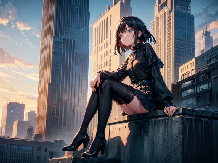 a girl wearing a black blouse sitting on the edge of a skyscraper, by Studio Ghibli, city scenery, detailed illustration, offcial art, not kawacy style, graceful motion, night-time, composto, HD wallpapers