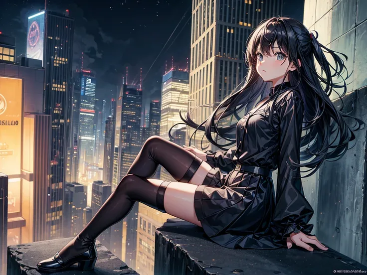 a girl wearing a black blouse sitting on the edge of a skyscraper, by Studio Ghibli, city scenery, detailed illustration, offcial art, not kawacy style, graceful motion, night-time, composto, HD wallpapers