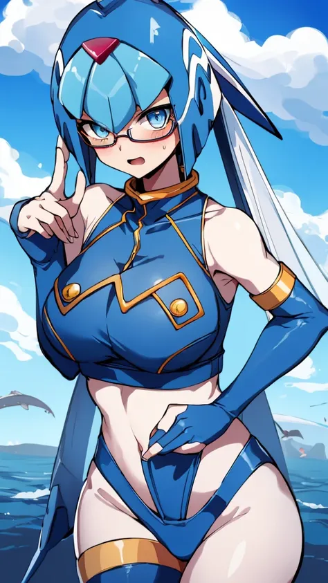 Leviathan_Megamanz, 1 Girl ,Looking at the viewer , blue hair, Blue eyes,Clouds background , Blushed, Wedding ring, Glasses ,Shark teeth , mouth open 