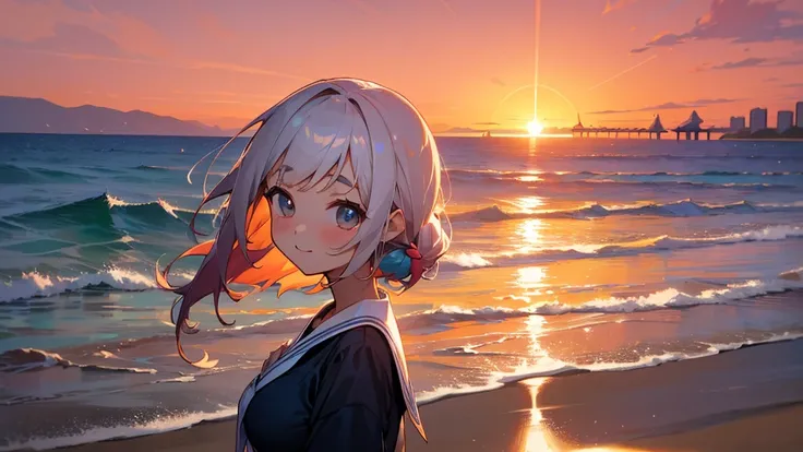 Highest quality、High resolution、Detailed Background、(Beautiful face in every detail:1.5)、Teenage Girl、(Huge breasts:1.2)、Light-colored hair、cute髪型、Bobcut、ponytail、well-groomed eyebrows、Perfect body line、cute仕草、Navy blue sailor suit、White sailor collar、Plea...