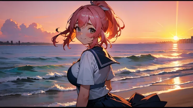 Highest quality、High resolution、Detailed Background、(Beautiful face in every detail:1.5)、Teenage Girl、(Huge breasts:1.2)、Light-colored hair、cute髪型、Bobcut、ponytail、well-groomed eyebrows、Perfect body line、cute仕草、Navy blue sailor suit、White sailor collar、Plea...