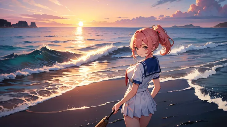 Highest quality、High resolution、Detailed Background、(Beautiful face in every detail:1.5)、Teenage Girl、(Huge breasts:1.2)、Light-colored hair、cute髪型、Bobcut、ponytail、well-groomed eyebrows、Perfect body line、cute仕草、Navy blue sailor suit、White sailor collar、Plea...