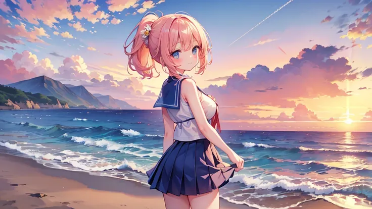 Highest quality、High resolution、Detailed Background、(Beautiful face in every detail:1.5)、Teenage Girl、(Huge breasts:1.2)、Light-colored hair、cute髪型、Bobcut、ponytail、well-groomed eyebrows、Perfect body line、cute仕草、Navy blue sailor suit、White sailor collar、Plea...