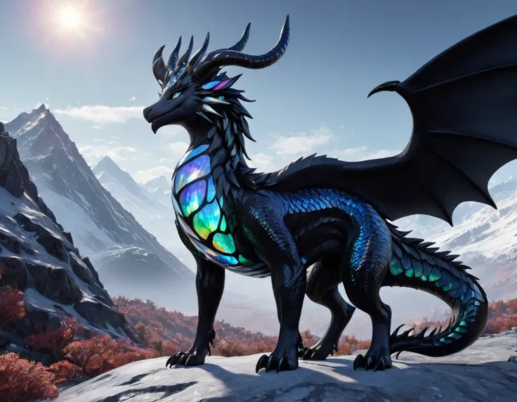 full body portrait of a realistic female obsidian dragon, opal scales, white opal eyes, universe in the scales, huge, long body,...