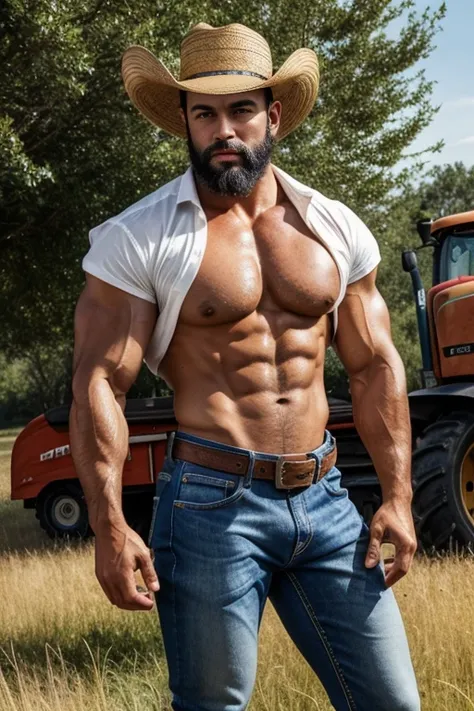 A cowboy bodybuilder man (30 years, handsome, tanned skin, beard, macho, thick lips, eyebrows, beautiful nose) cowboy hat, sexy cowboy shirt, denim belt, skinny jeans, bulge, in a field, tractor, trees 