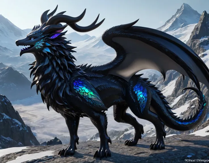 full body portrait of a realistic feminine obsidian dragon, black ral-opal large wings, ral-opal eyes, wolf, huge, long body, fo...