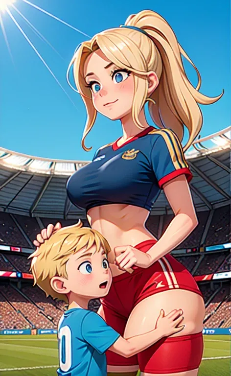 mom and son photo, mom and son soccer player, female tall fitness busty blonde cheerleader soccer player 25 years old woman showing tits to boy at field , mom player motivating son before match, sport wearing, mom wearing micro short showing tits, big tits...