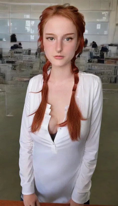 photo by Lilu Canela, 17 years old, wide, annoyed, shirt, deep neckline, Open mouth, white shirt, Upper part of the body, inside, Red hair, sexy, realist, body freckles, colegiala annoyed, busty , background school classroom 