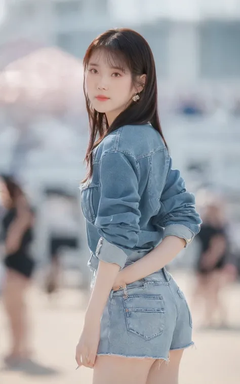 (Best quality, 8k, 32k, Masterpiece, UHD:1.2), 1girl, beautiy Japanese woman, a woman in denim shorts posing on the beach at sunset, Lee Ji Eun, hot with shining sun, hwang se - on, casual pose, lee ji-eun, lee ji - eun, gorgeous young korean woman, korean...