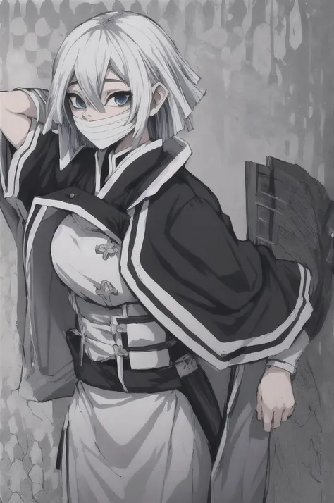 girl with short white hair, blue eyes, demon slayer uniform, black haori, highly detailed high contrast hd masterpiece of best quality in high resolution ((without the mask of the mouth)) ((more feminine))