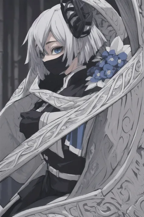 girl with short white hair, blue eyes, demon slayer uniform, black haori, highly detailed high contrast hd masterpiece of best quality in high resolution ((without the mask of the mouth)) ((more feminine))