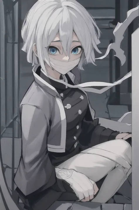 girl with short white hair, blue eyes, demon slayer uniform, black haori, highly detailed high contrast hd masterpiece of best quality in high resolution (without the mask of the mouth) ((more feminine))