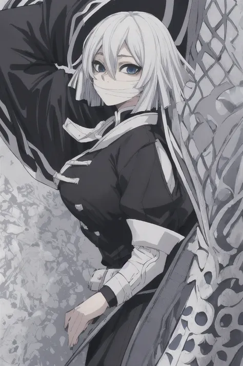 girl with short white hair, blue eyes, demon slayer uniform, black haori, highly detailed high contrast hd masterpiece of best q...