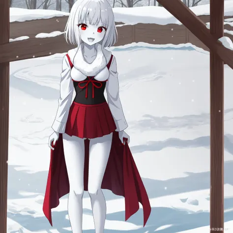 masterpiece、Highest quality，High resolution，snow-white skin、Pure white hair、Vampire Iino Miko、Red eyes、Pure white skin、Red nails、In uniform、skirt、Pure white hairの毛、Standing in swimwear、Very Short Hair、Muscular、Has some fangs、Shiny eyes、Height 180 cm