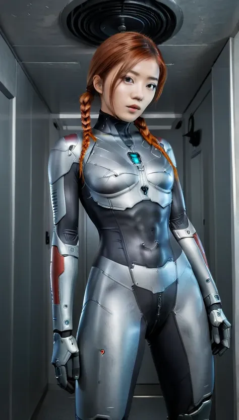 1 girl、medium bust、solo、red hair、braid、mobile race suit、shoulder armor、ceiling、wide shot、looking ahead、zipup suit 、closed mouth、...