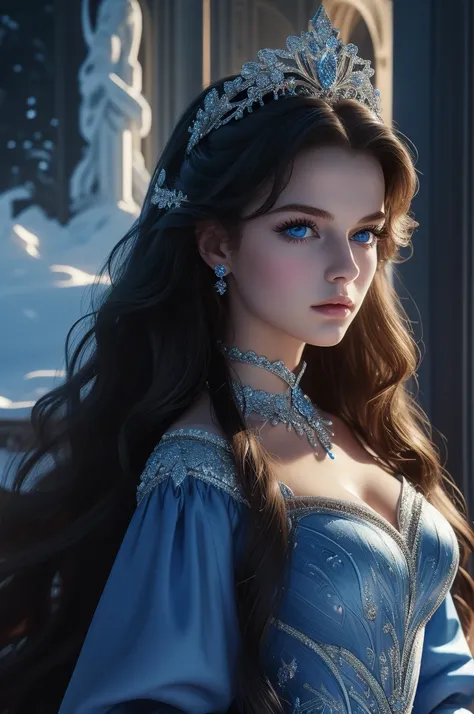 16 year old Pamela Hensley, ultra detailed face, ultra detailed blue eyes, long hair, (dress), tiara, winter, (((masterpiece)))