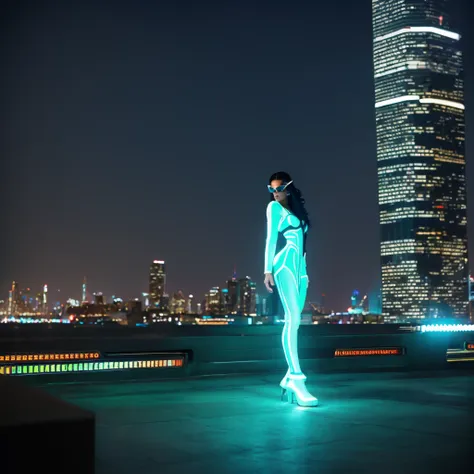 amid the vastness of a futuristic metropolis, a black woman of stunning beauty stands at the top of a skyscraper, surrounded by ...