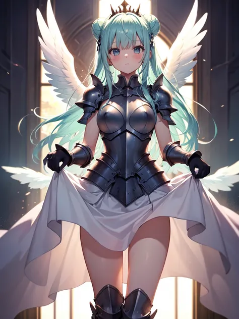 masterpiece, best quality, ultra-detailed, glistening shiny, glowing light, ray tracing, HDR, deph of field, (perfect face, detailed face), sylphy, long hair, double hair bun, blush, angel wings, white dress, armored dress, pauldrons, armored gloves, armor...