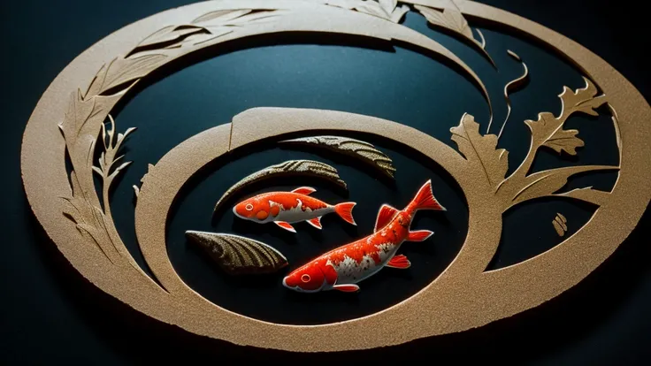 Create a light stone bas relief on a black background of a koi in kelp