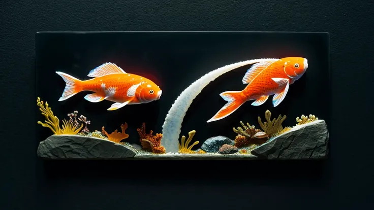 Create a light stone bas relief on a black background of a koi in kelp