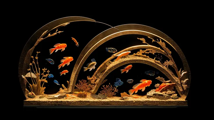 Create a light stone bas relief on a black background of a koi in kelp