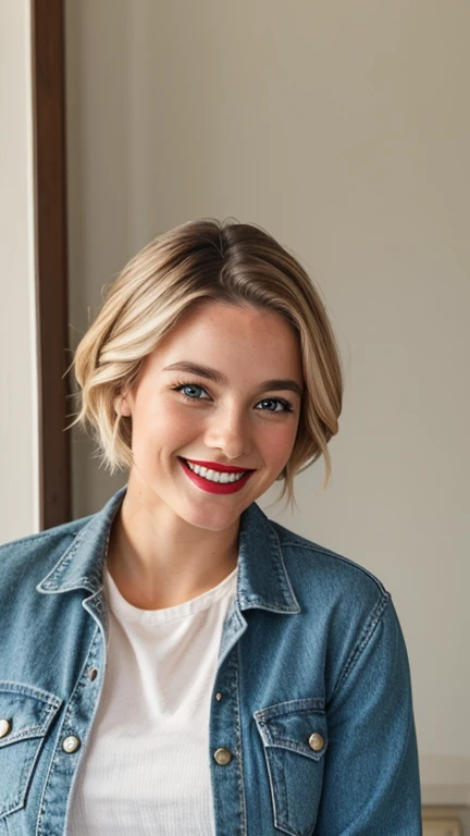 Daisy Edgar-Jones wearing casual clothes with lipstick and smiling