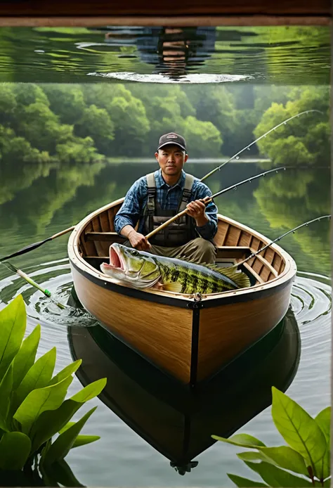 The largemouth bass inside is transparent.、Depicts a scene of a man in a boat fishing on a lake。