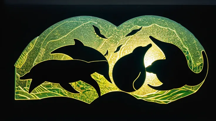 Create a light stone bas relief on a black background of a dolphins in kelp