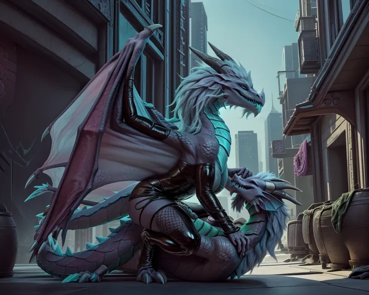 an extremely talented impressionist painting of mature aurothdota wyvern female in cyberpunk setting giving blowjob to a dragon ...