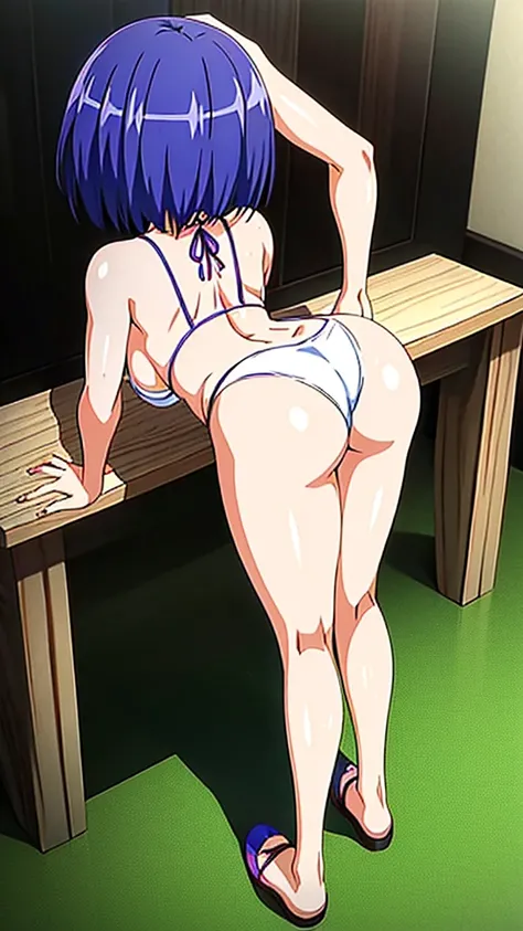 Butt, attractive thighs , Akira Makino, Oni chichi, Short hair, blue Hair, purple eyes, hands on ass, ( full body), bikini, milk on body, milk in the ass