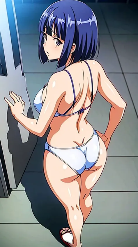 Butt, attractive thighs , Akira Makino, Oni chichi, Short hair, blue Hair, purple eyes, hands on ass, ( full body), bikini, milk on body, milk in the ass