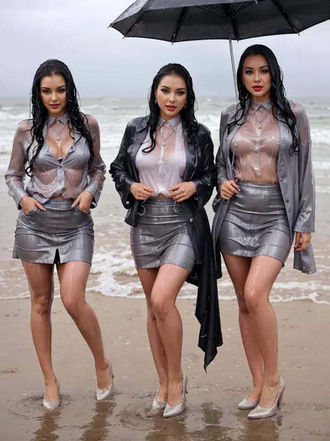 miss california usa and friends drenched wearing a short dripping wet satin grey business skirt suit, necklace, earrings and lip...