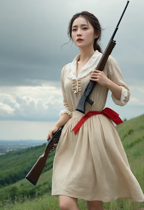 Highest quality、high detail、Ultra-realistic、「french revolution」A famous scene from、A beautiful woman runs up a hill with a French flag and a shotgun、White skin、My body is dirty in places with dust.、She is wearing a light beige dress with an open collar and...