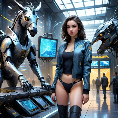 a pretty girl in cyberpunk jacket in a futuristic financial trading hall with high-tech miners mining pegasus, the naval mercati...