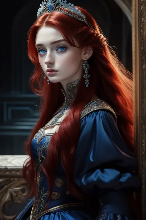 16 year old Sophie Turner, ultra detailed face, ultra detailed blue eyes, long red hair, (dress, long skirt), tiara, winter, (((masterpiece)))