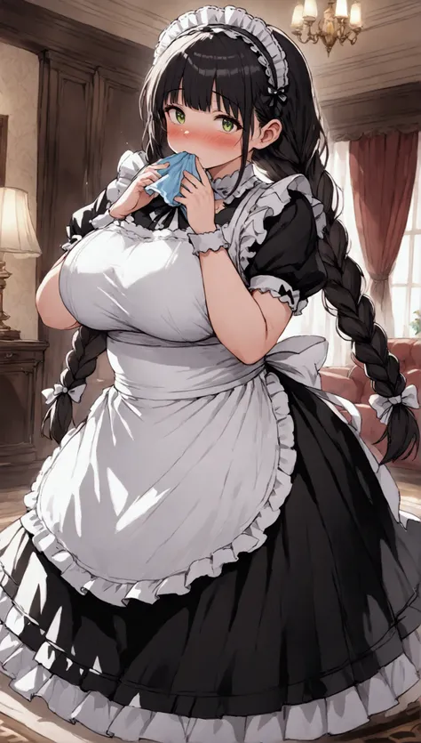 anime. 1 girl. housemaid. ssbbw. black hair. long hair. hair is gathered in braids. green eyes. beautiful eyes. perfect eyes. ex...