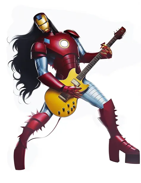 iron man, spikes on costume, platform shoes playing yellow golden electric guitar, back arched back, head tilted,  long flowing ...