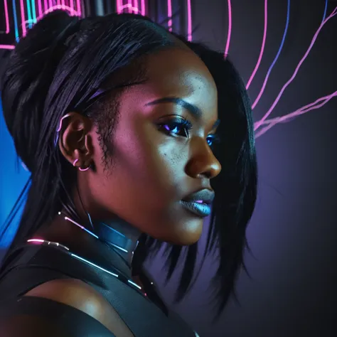 (((close up photo))) (((side face photo))) raw photo taken from Fujifilm, a black woman of stunning beauty, long black hair with neon lights, half head brain with wires, metal head, head intricately designed androids full of wires and circuits, immersed in...