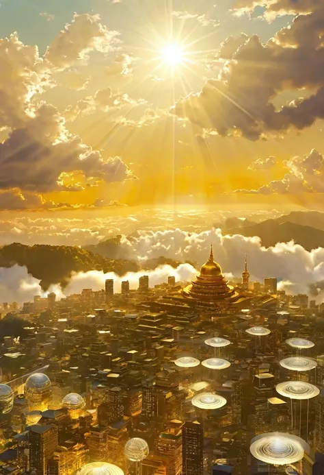 空に向かって上昇するgod秘的な都市、Digital Art, The clouds clear and the shining sun appears, Ascension Day，Golden Sun、Sky City、god々Utopian、There is one relic。空中に浮かぶgod々Our Sky Garden、Angel Ladder、Floating City、The city where golden cats live