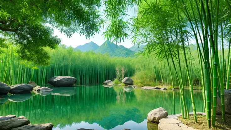 a serene and tranquil bamboo forest with crystal clear water, reflection of bamboo leaves and branches as the foreground, chinese mountains, bonsai, herons, clear lines and shading, sumi-e style on ancient parchment