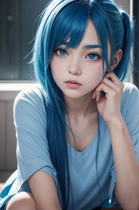 Create an anime about a girl with blue hair and a scar on her face