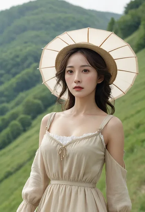 Highest quality、high detail、Ultra-realistic、「french revolution」A famous scene from、A beautiful woman runs up a hill with a French flag and a shotgun、White skin、My body is dirty in places with dust.、She is wearing a light beige dress with an open collar and...