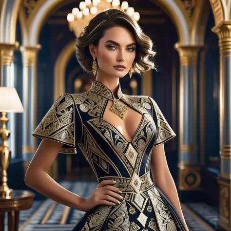 "An elegant woman wearing a stunning dress inspired by Suites playing cards. The dress features intricate cup patterns, diamonds, swords and clubs, with gold and silver details that shine in the light."